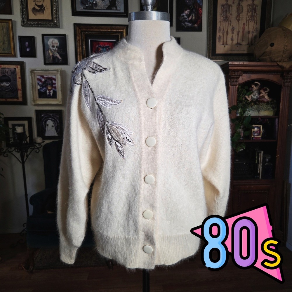 Vintage‎ 80s Cream Big Star Ivory Angora Embellished Cardigan Sweater Cardigan